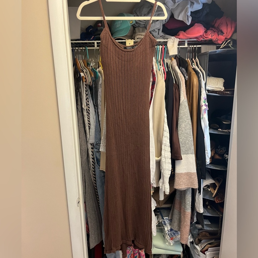 Paper Heart chocolate brown knit fitted maxi dress.